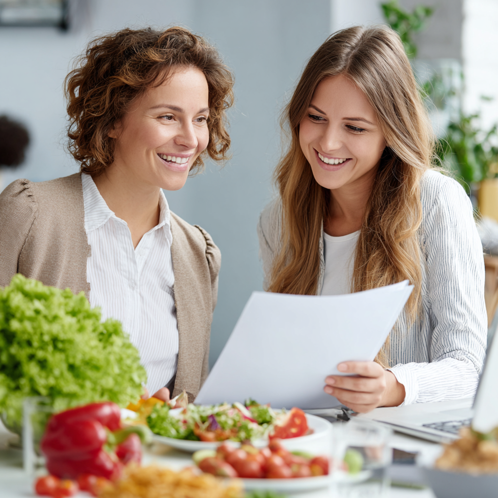 Щаслива жінка європейської зовнішності віком 30-35 років тримає тарілку зі свіжими овочами та фруктами, посміхається, на кухні з природним освітленням