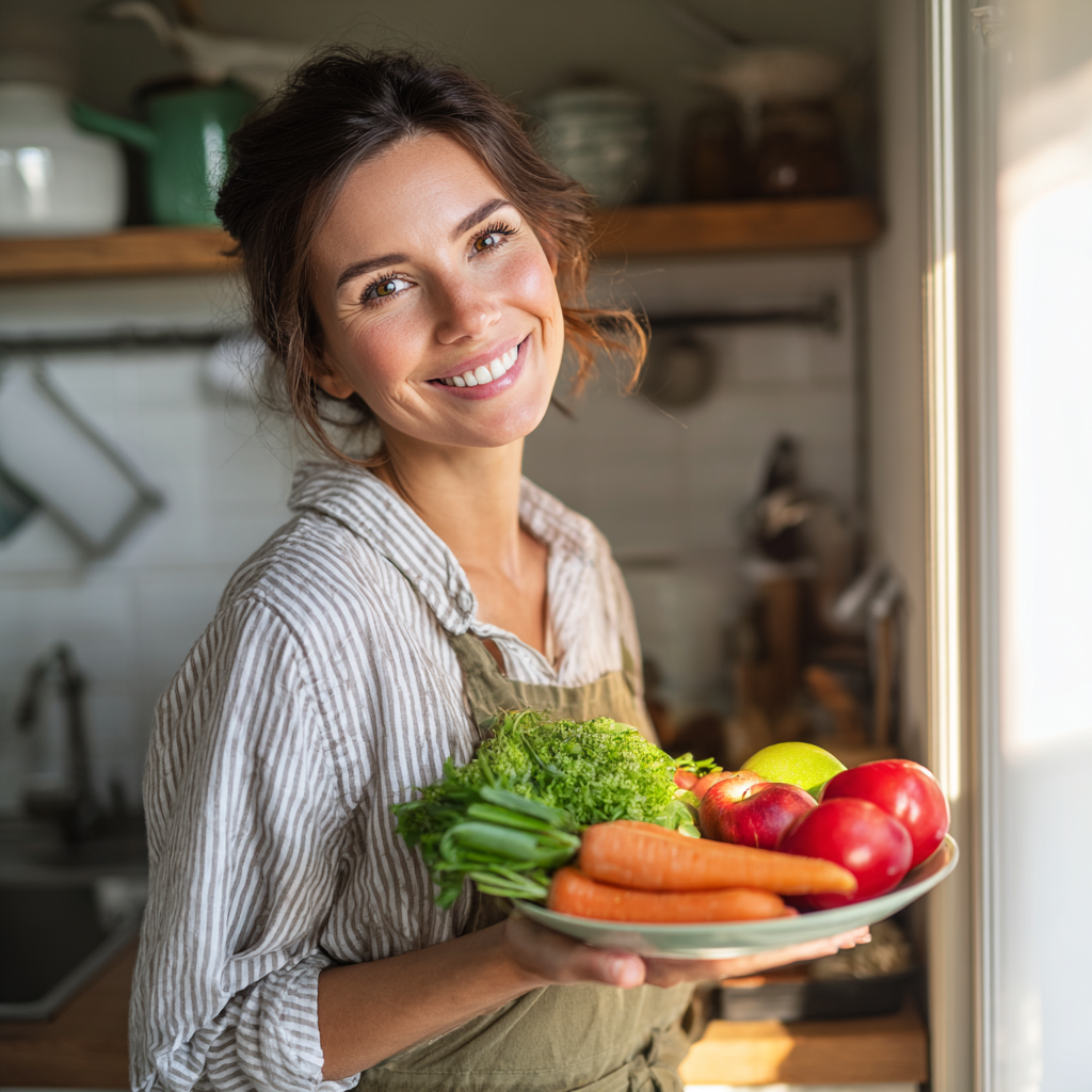 Щасливий чоловік європейської зовнішності віком 25-30 років готує здорову їжу на кухні, посміхається, тримає свіжі овочі