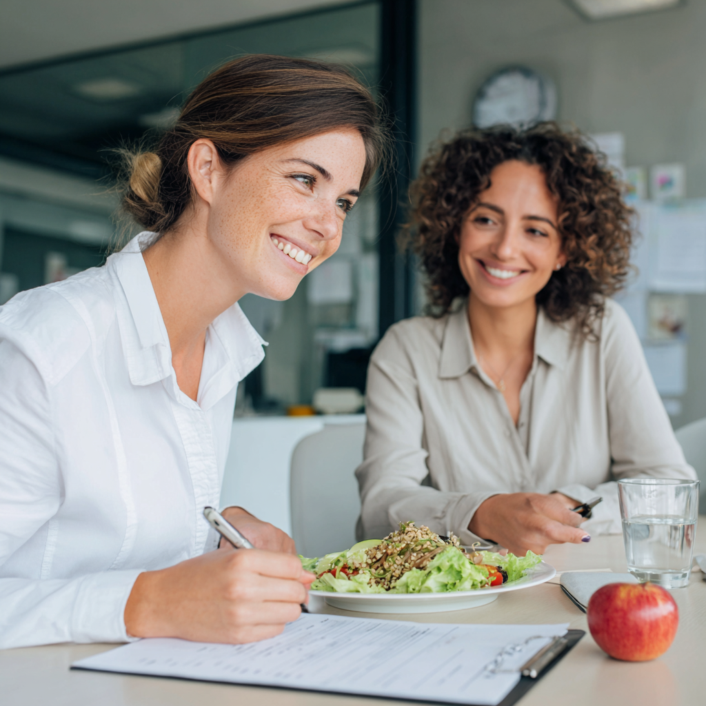 Команда експертів frunelad - група професіоналів європейської зовнішності віком 28-40 років в білих халатах посміхаються в сучасному офісі